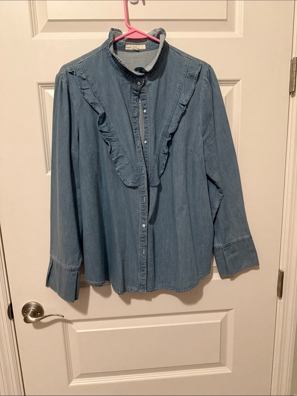Light Blue Denim Ruffle-Front Button-Down Shirt - Picture 2 of 4